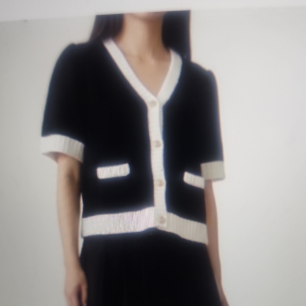 CeCe Short Sleeve Cardigan Black  with White Accents Size L